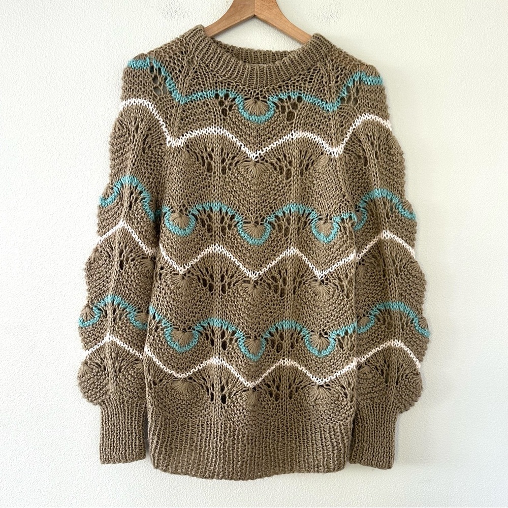 Vintage Andriano Crochet Sweater Sz L Tan Blue White Boho Indie Cottage Cabin